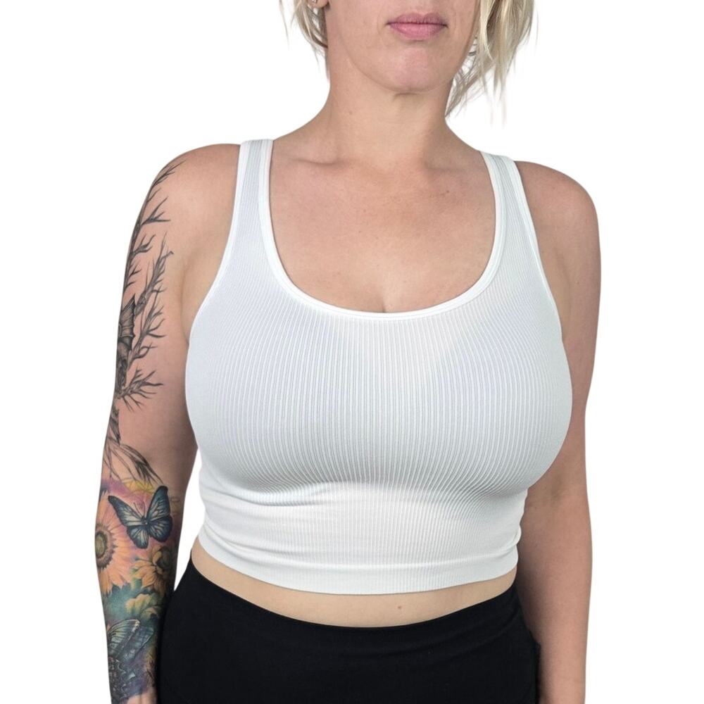 Large White Ribbed Sleeveless Seamless Inner/Yoga/Tank Crop Top [OQQ3-White] - Picture 2 of 5